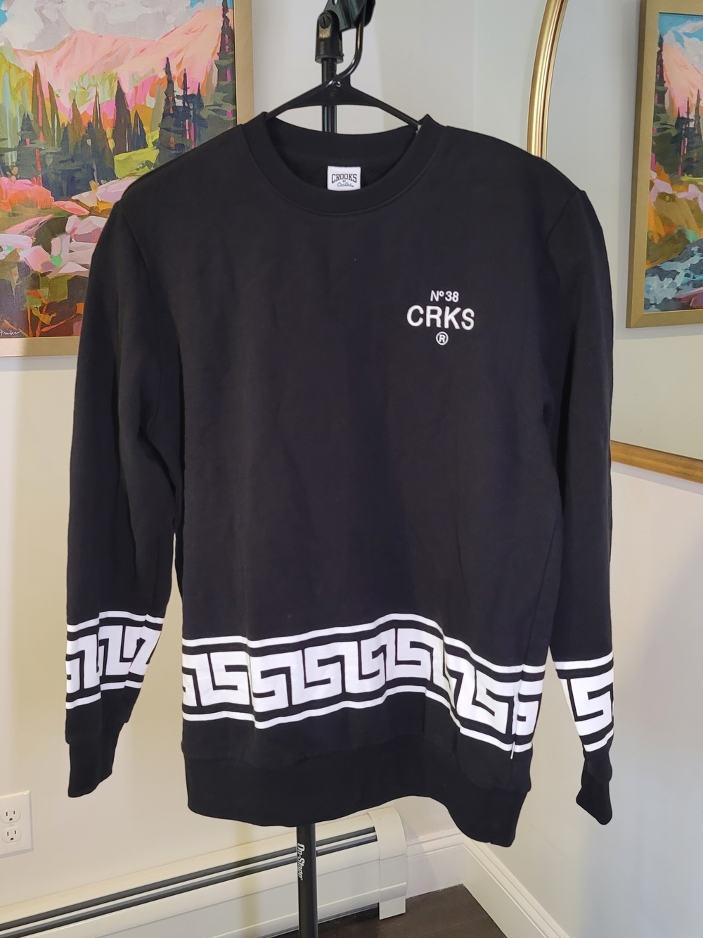 CROOKS & CASTLES Crew Neck Sweatshirt Greek Key Pattern Trim Men's Size L